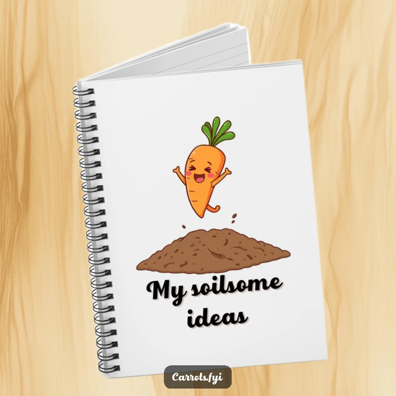 Funny notebook cover depicting a carrot character leaping with joy into a pile of soil, inspiring creative writing.