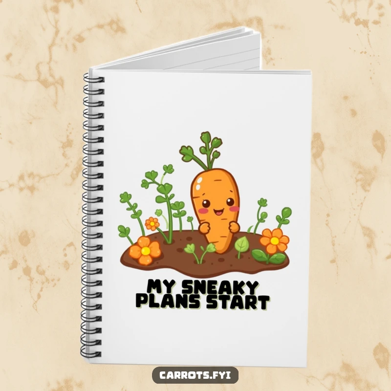 Funny notebook featuring a mischievous carrot character peeking from a garden patch, perfect for jotting down playful thoughts and ideas.