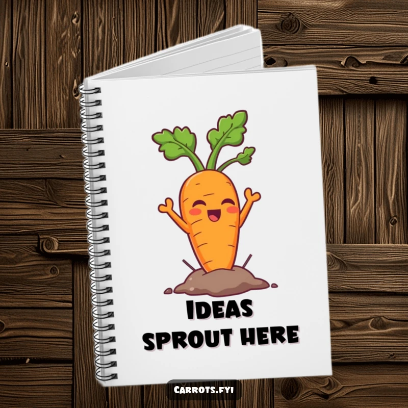 Funny carrot notebook featuring a triumphant carrot character emerging from the soil, inspiring users to document their successes.