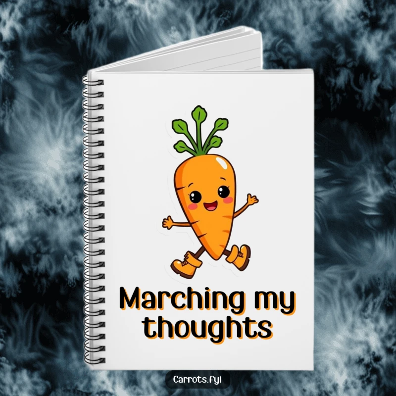 Funny notebook with a cover featuring an anthropomorphic carrot character marching proudly in tiny boots, ideal for writing down confident plans.