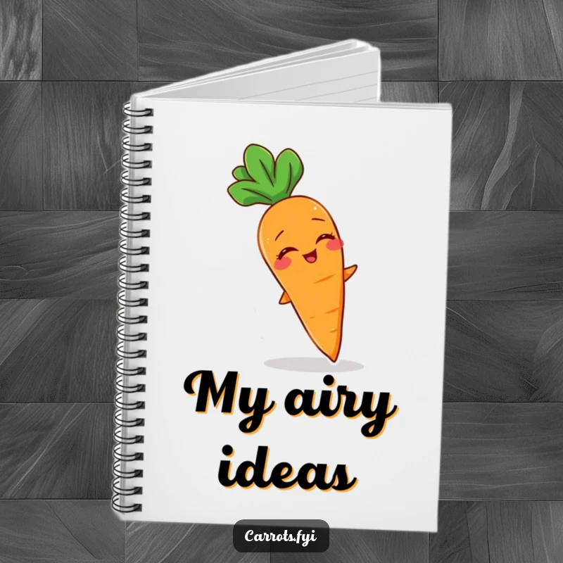 Funny notebook with a cover illustration of a carrot character giggling as it's caught in a gentle breeze.