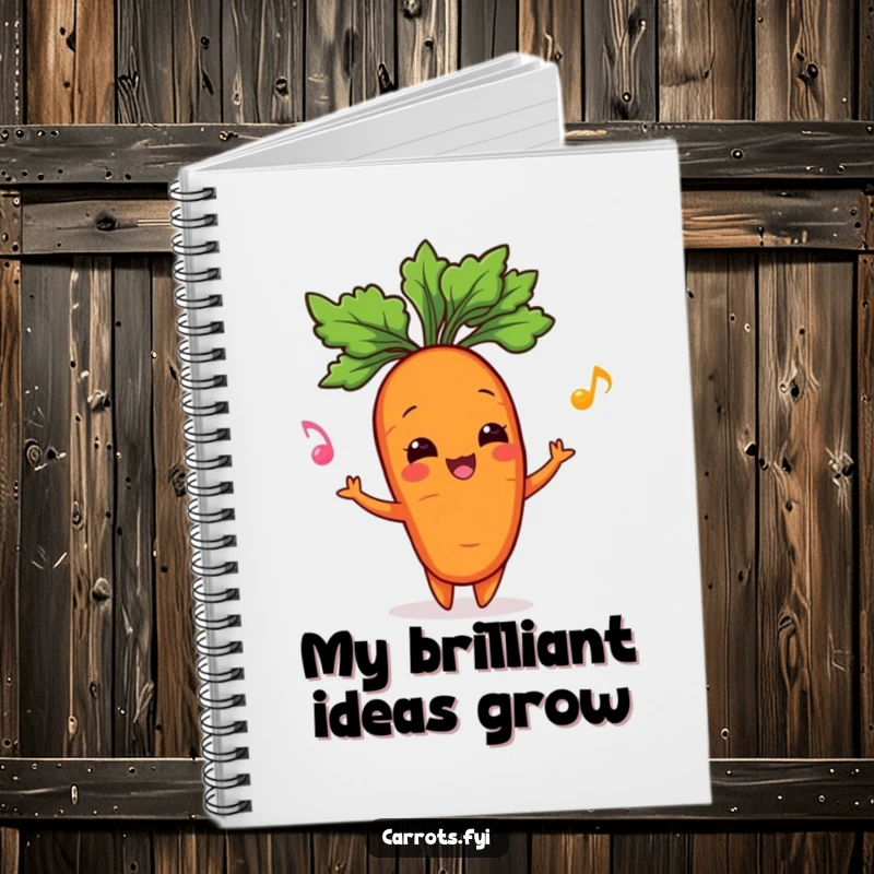 Funny notebook with a happy carrot character juggling its leafy green top, designed for jotting down thoughts with a touch of garden humor.