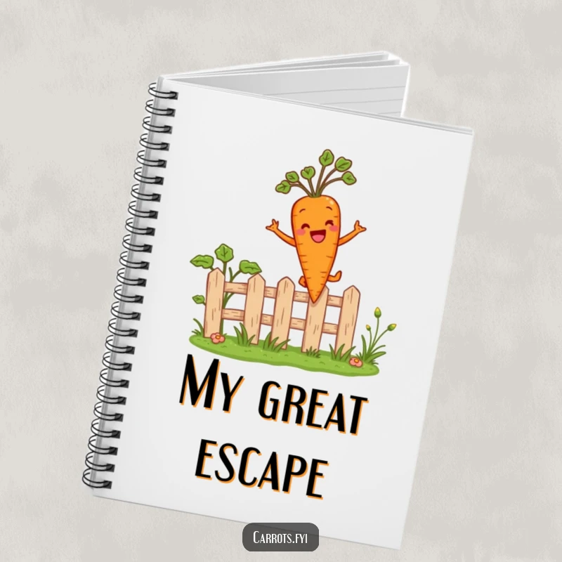 Funny notebook cover with an anthropomorphic carrot character happily leaping over a miniature garden fence, inspiring joy and creative exploration.