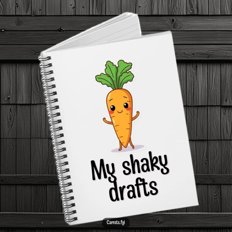 Funny notebook with a wobbly carrot character struggling to balance, perfect for jotting notes with humor.