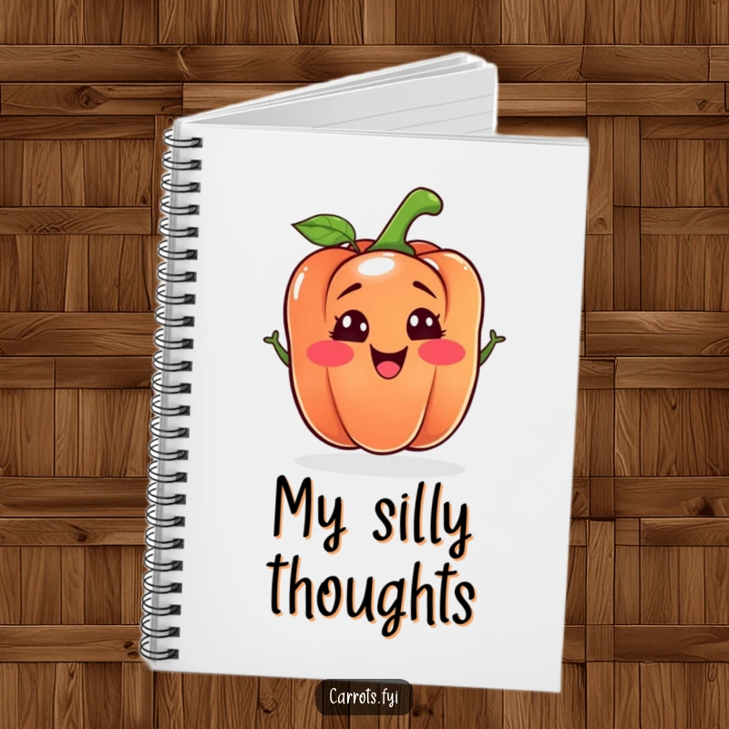 Funny bell pepper notebook showcasing a happy, silly-faced vegetable character, ideal for jotting down notes with a dose of humor.