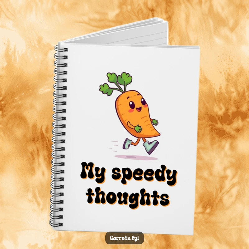 Funny notebook cover with an anthropomorphic carrot character wearing tiny roller skates and speeding along, inspiring creativity and energetic thoughts.