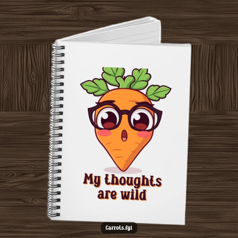 Funny notebook featuring a carrot character with comically wide, startled earthy eyes, perfect for journaling surprising thoughts.