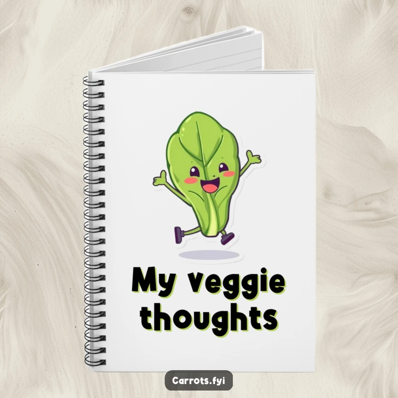 Funny spinach leaf notebook with a character in a stunt, perfect for jotting notes with a side of humor.