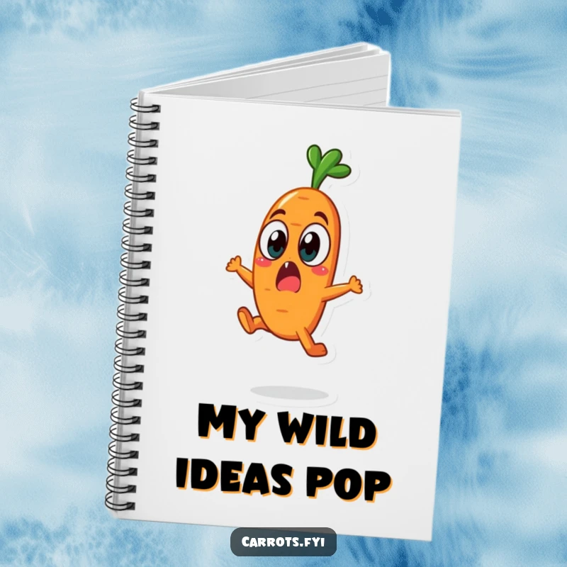 Funny carrot character leaping in surprise on a notebook cover, perfect for jotting notes humorously.
