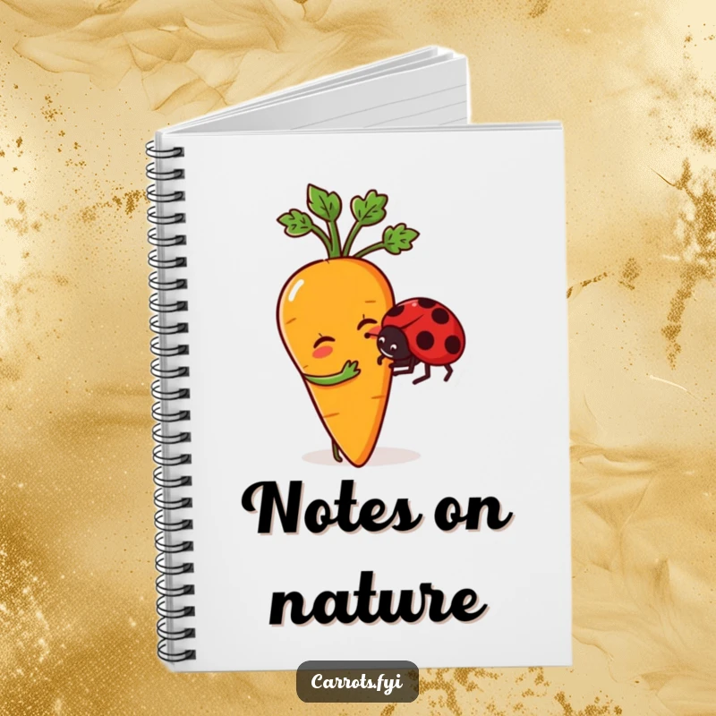 Funny notebook featuring a whimsical anthropomorphic carrot character gently nudging a friendly ladybug, ideal for jotting down sweet inspirations.