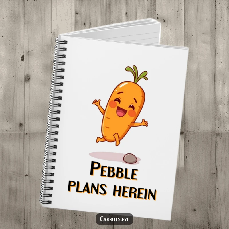 Funny notebook cover with an anthropomorphic carrot character excitedly kicking a pebble with its root, inspiring joy and creative thoughts.