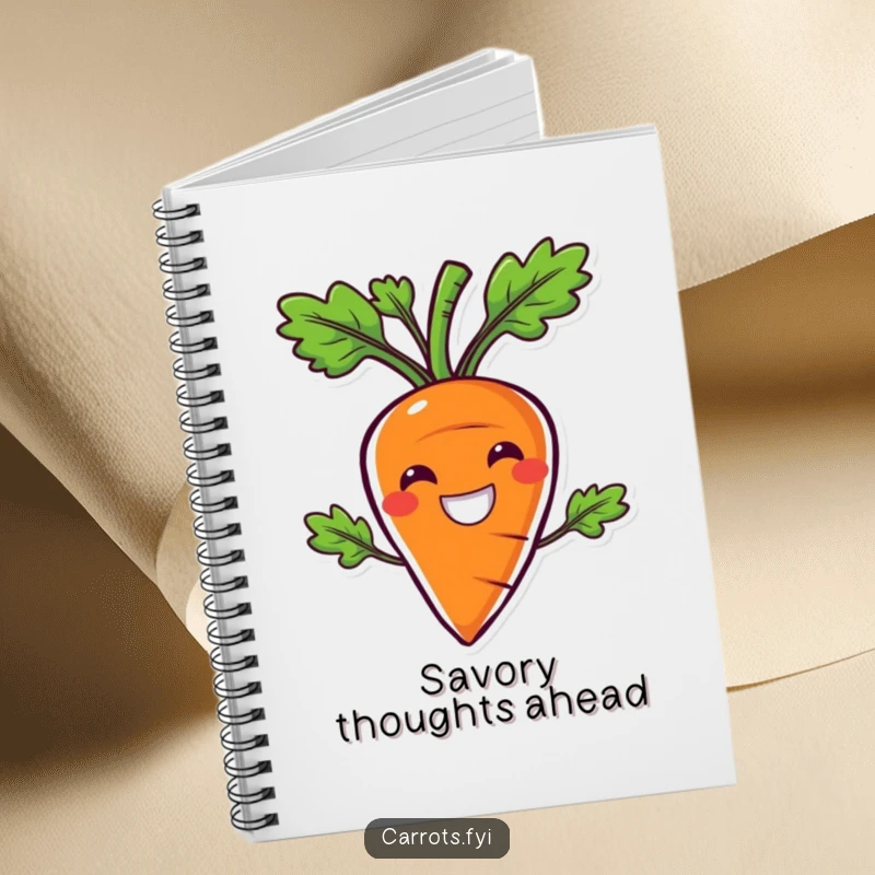 Funny notebook featuring a carrot character with an exaggeratedly wide smile, symbolizing pure happiness and satisfying crunchiness.