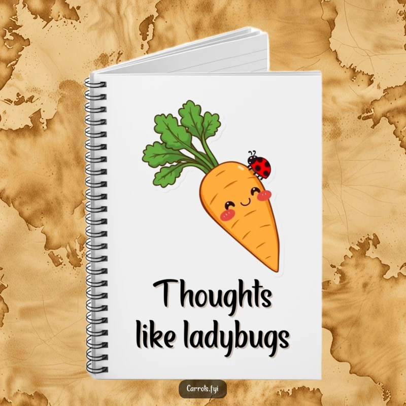 Funny notebook cover with a smiling carrot with rosy cheeks balancing a tiny ladybug on its tip, conveying a sense of peaceful charm.
