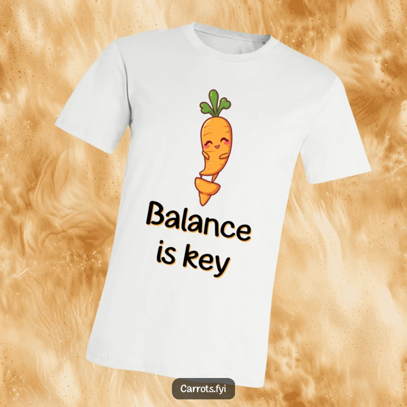 Funny t-shirt presenting a cool carrot character winking as it balances expertly on the sharp tip of another carrot.