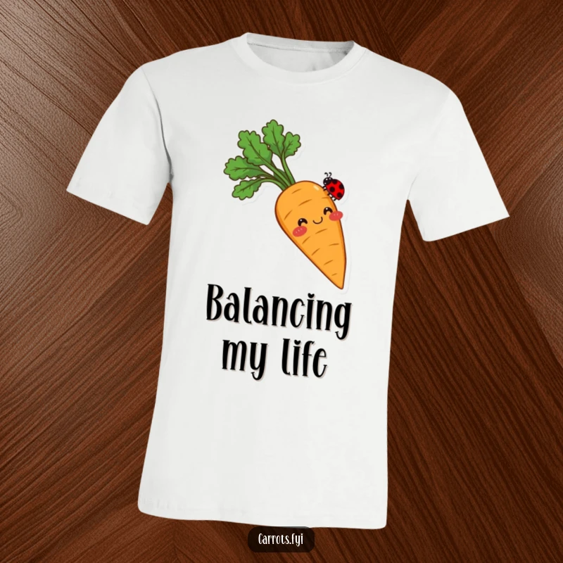 Funny t-shirt featuring a smiling carrot with rosy cheeks, gently balancing a tiny ladybug on its very tip, exuding sweetness and care.