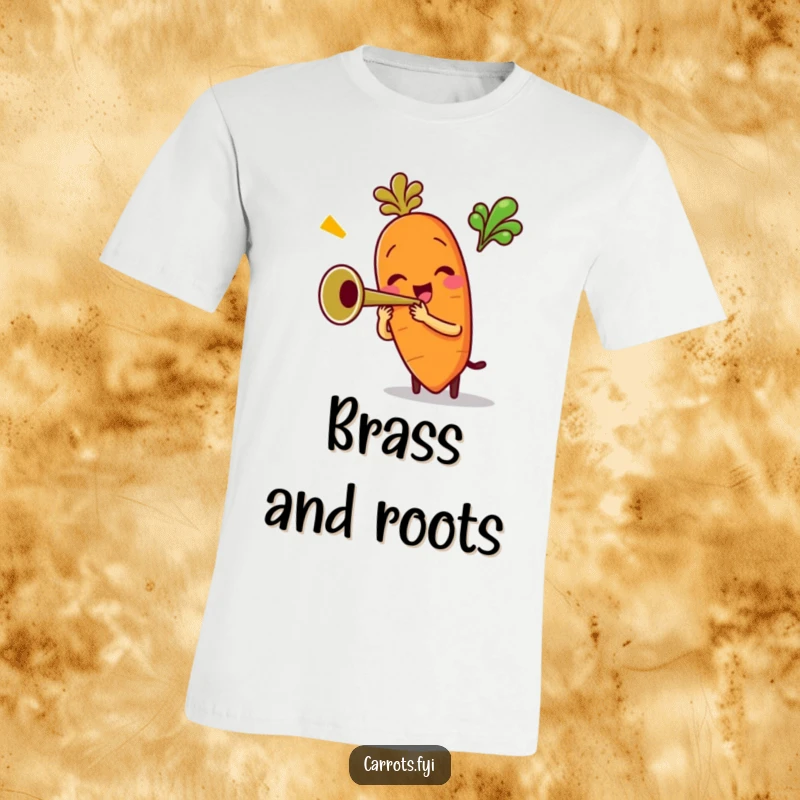 Funny t-shirt featuring an anthropomorphic carrot character playing a small trumpet with cheerful enthusiasm and musical gusto, radiating happy vibes.