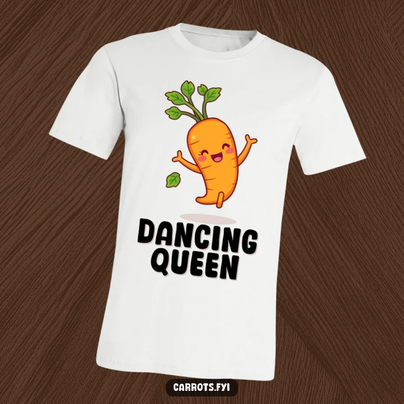 Funny carrot character doing a lively dance with leafy greens, a humorous and energetic tee.