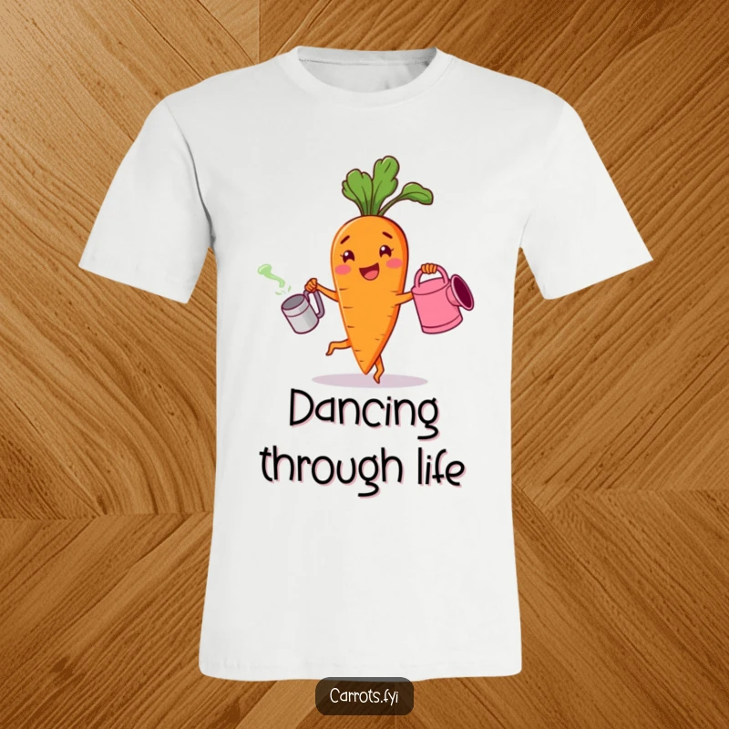 Funny t-shirt depicting a cheerful carrot character enthusiastically dancing while holding a watering can, embodying pure garden joy.