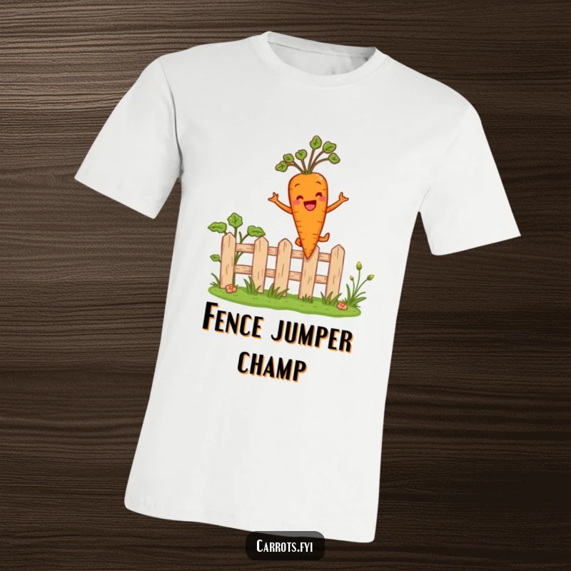 Funny t-shirt featuring an anthropomorphic carrot character energetically leaping over a small garden fence, conveying a sense of freedom and joy.