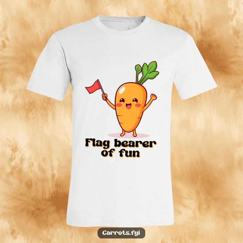 Funny T-Shirt with a cute kawaii carrot character, its tiny feet planted firmly as it waves a miniature flag with excitement.