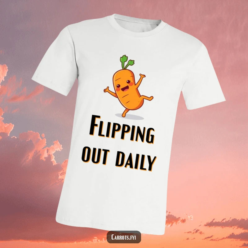 Funny Carrot T-Shirt showcasing a grinning carrot character mid-cartwheel, capturing pure energetic fun and athleticism.