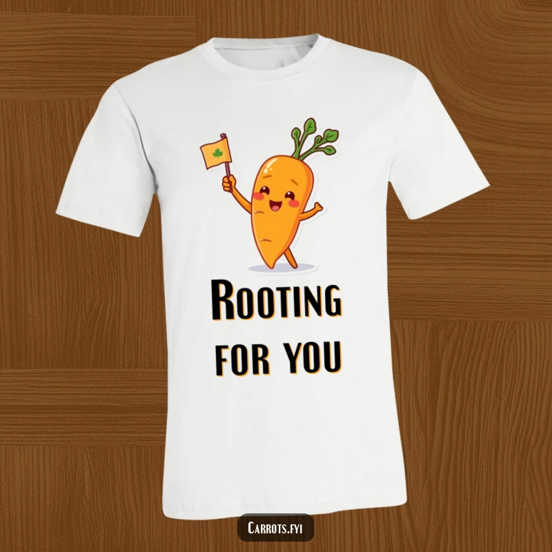 Funny carrot character waving a leafy flag on a T-shirt, radiating pure enthusiasm and cheerful support.