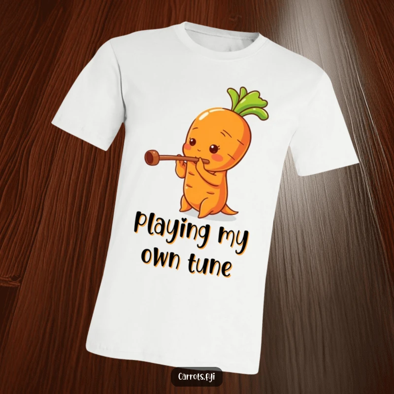 Funny T-shirt with a cartoon carrot playing a miniature flute, showcasing its hollow stalk in a musical performance.