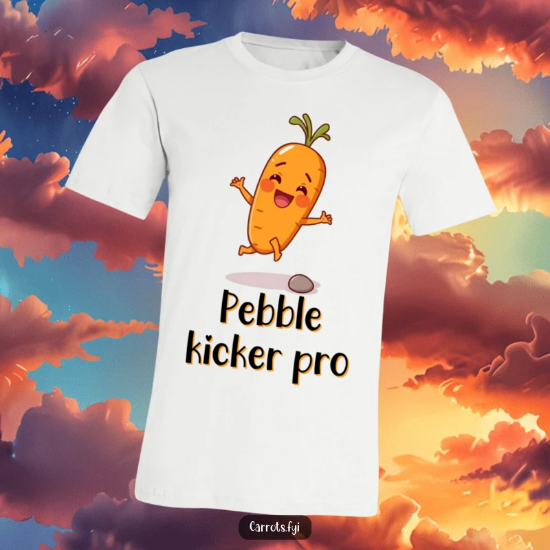 Funny t-shirt showcasing an anthropomorphic carrot character with boundless energy, hilariously kicking a small pebble with its root, a joyful scene.