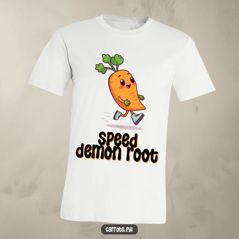 Funny t-shirt featuring an anthropomorphic carrot character wearing small roller skates, speeding along with wind in its leaves, conveying excitement.