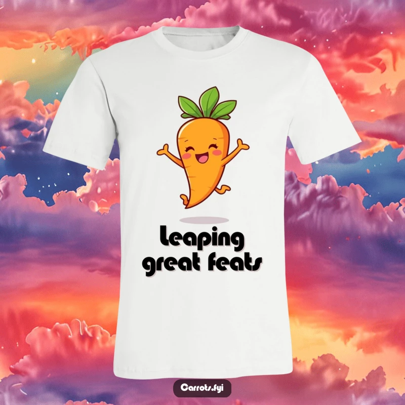 Funny Carrot Stick T-Shirt depicting a grinning carrot character mid-leap, radiating pure joy and excitement.