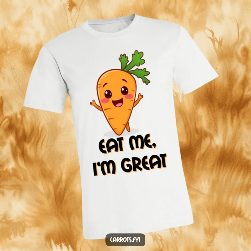 Funny T-shirt with a cheerful carrot character showing excitement to be included in a healthy meal, making a statement.