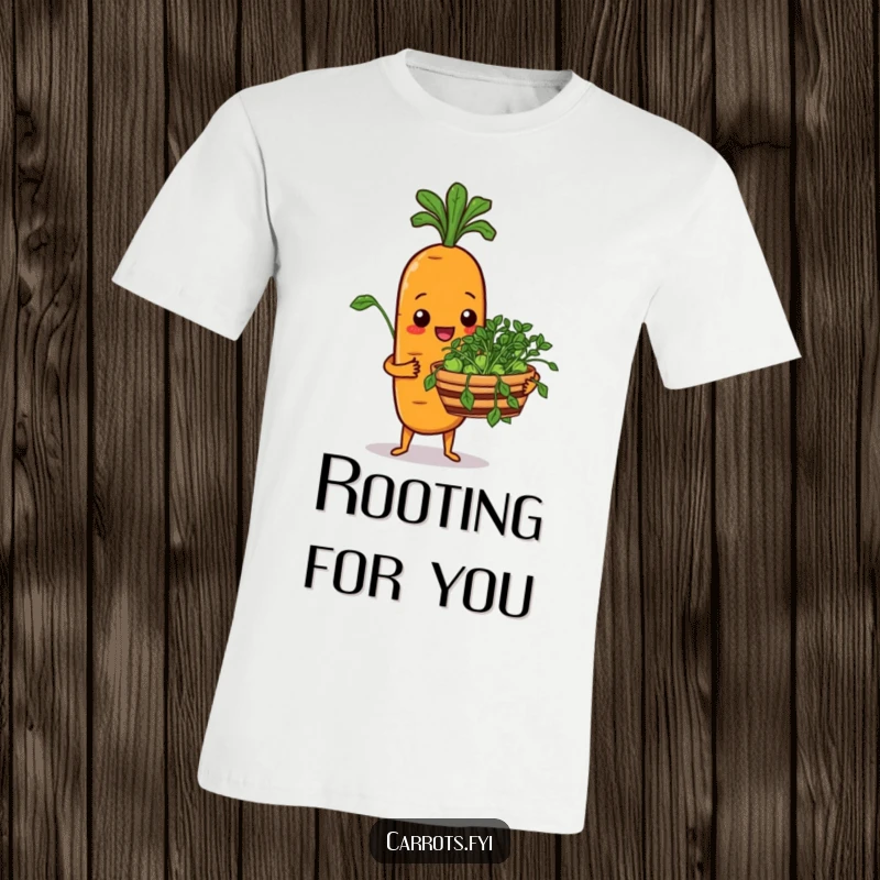 Funny t-shirt depicting a cheerful carrot character holding out a basket overflowing with crisp, fresh sprouts.