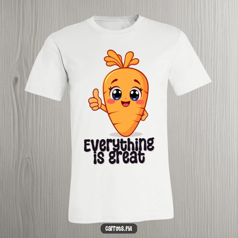 Funny happy carrot t-shirt with big eyes, giving a clear thumbs up, radiating pure joy and positive energy.