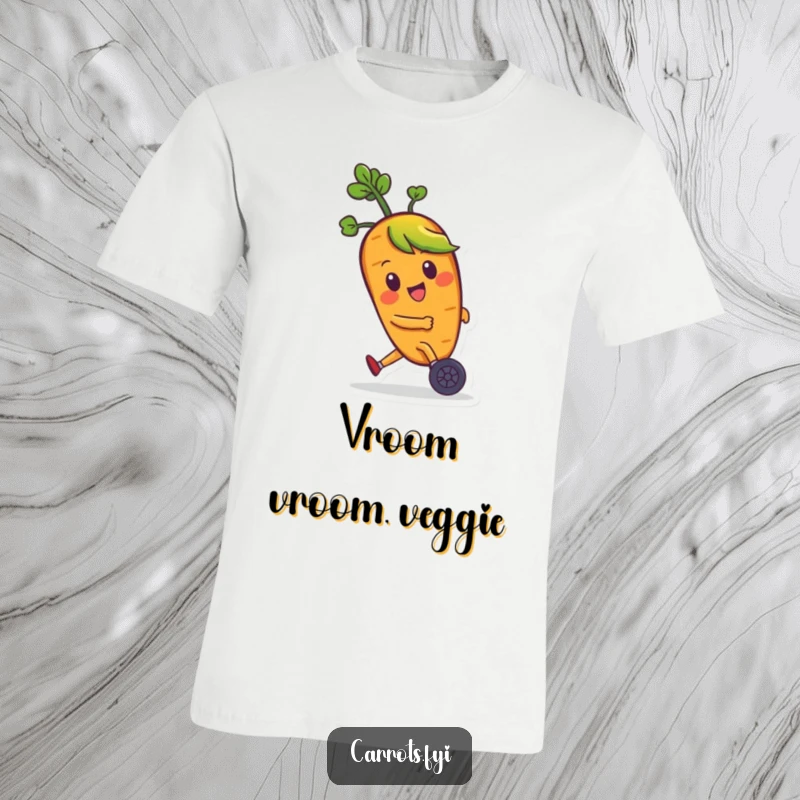 Funny t-shirt featuring a happy carrot character with leafy green hair zooming on tiny wheels, showcasing speed and playful adventure.