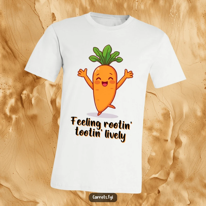 Funny carrot character in a dynamic dance pose with arms flair wearing a t-shirt, promoting fun.