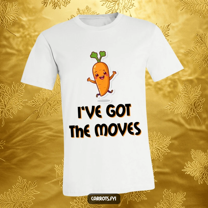 Funny T-shirt showcasing a charismatic carrot character in mid-wiggle, performing a joyful and energetic dance move with infectious happiness.
