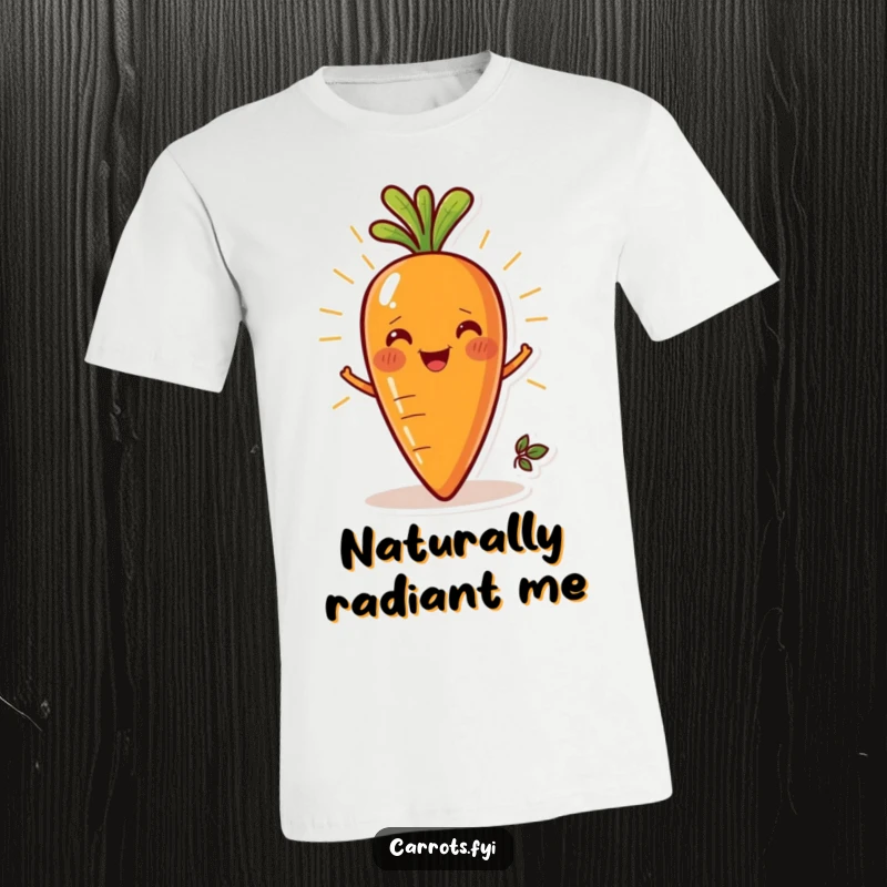 Funny T-shirt showcasing a smiling carrot character, radiating freshness and positivity with a bright, cheerful expression.