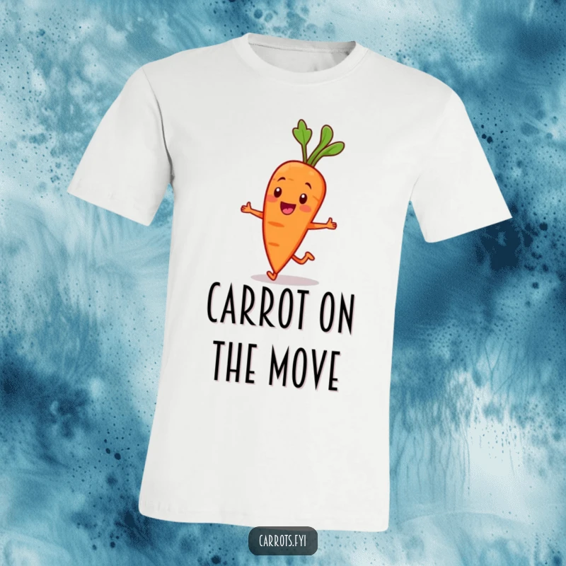 Funny Carrot Character T-Shirt: A smiling carrot character jogs with enthusiasm, showcasing a commitment to health and a playful spirit. Active and funny.