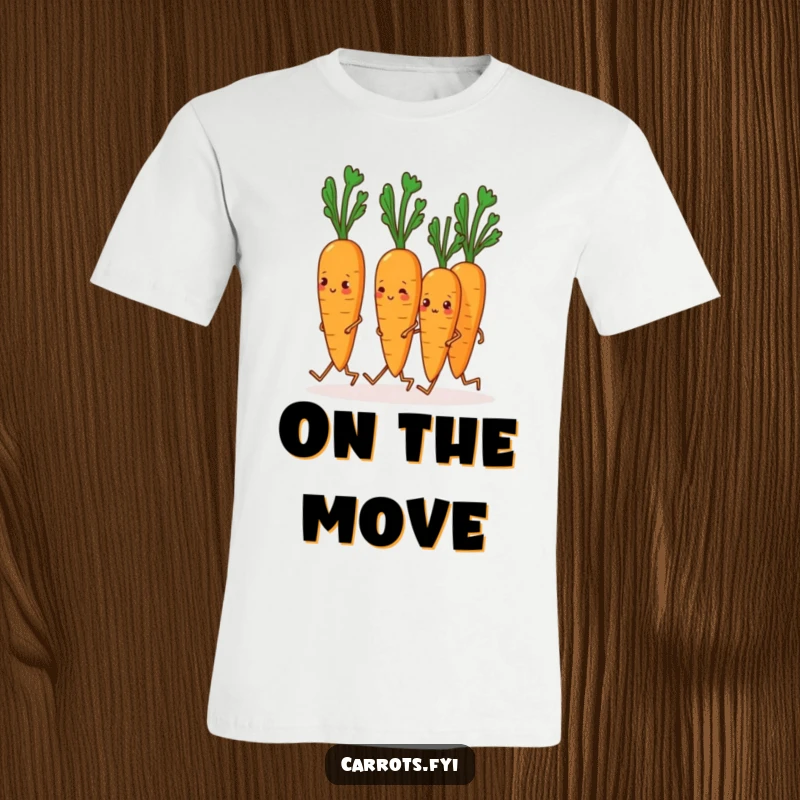 Funny Carrot T-Shirt: A graphic of carrots with little legs marching together in formation, representing teamwork and humor.