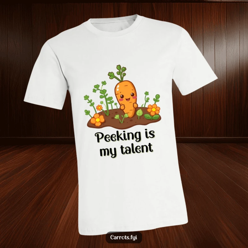 Funny t-shirt depicting a sly carrot character peeking comically from a garden patch, embodying a spirit of playful mischief.