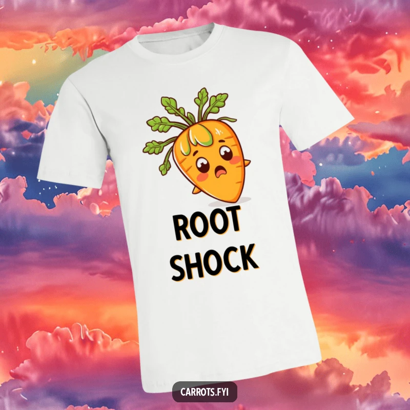 Funny t-shirt design of a carrot with a shocked face and green leafy hair exploding upwards, perfect for humorous apparel.