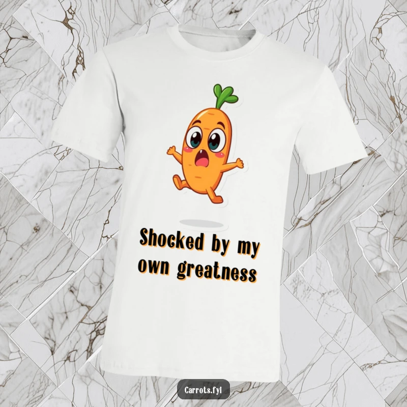 Funny carrot character caught in a surprised leap, wide eyes showing on a graphic t-shirt.