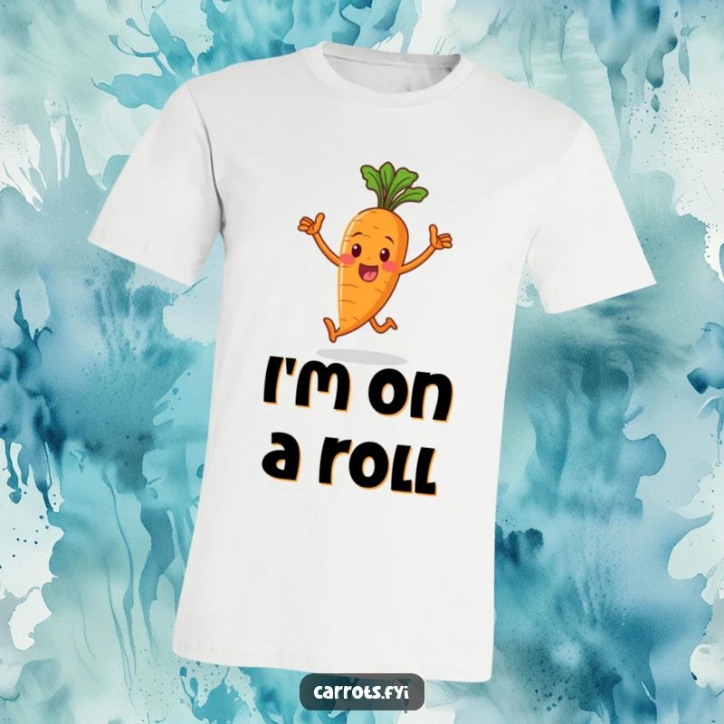 Funny t-shirt showcasing a happy whole carrot character triumphantly striding forward, radiating confidence and a cheerful spirit.