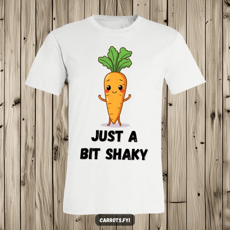 Funny t-shirt showcasing a wobbly carrot character hilariously struggling to stand, a humorous depiction of life's challenges.