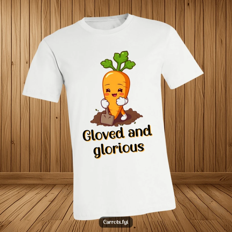 Funny T-shirt depicting a carrot character in adorable tiny gloves, joyfully digging in the earth with a dedicated smile.