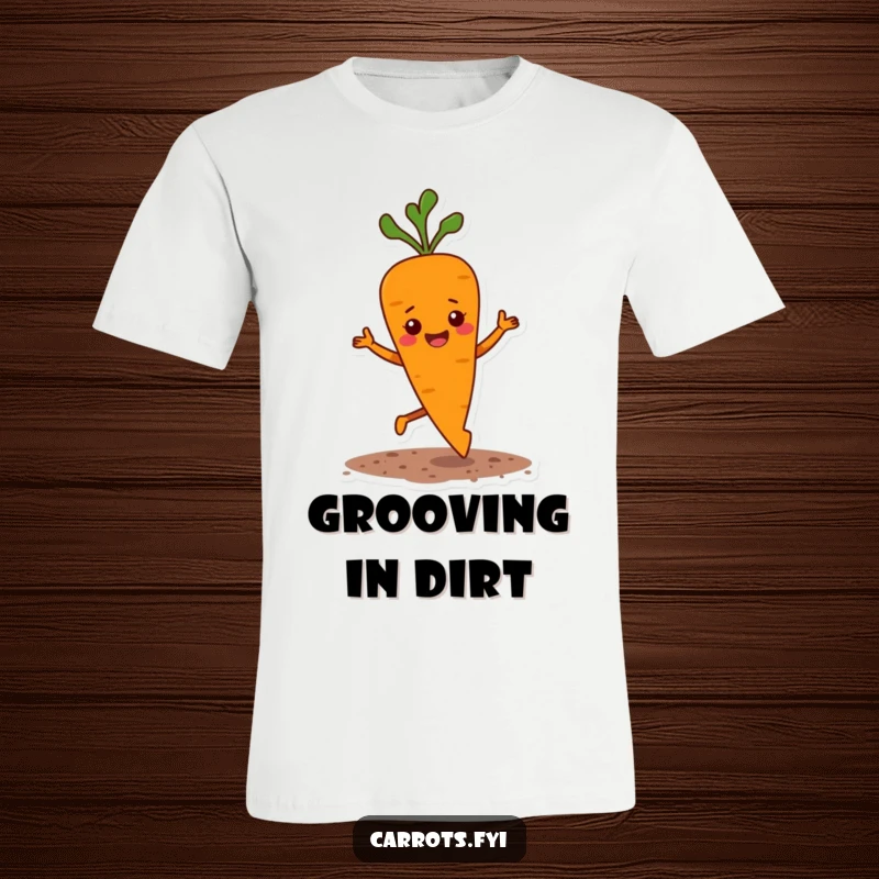 Funny t-shirt design of a carrot character in mid-dance, happily jigging with soil flecks flying, conveying pure exuberance.