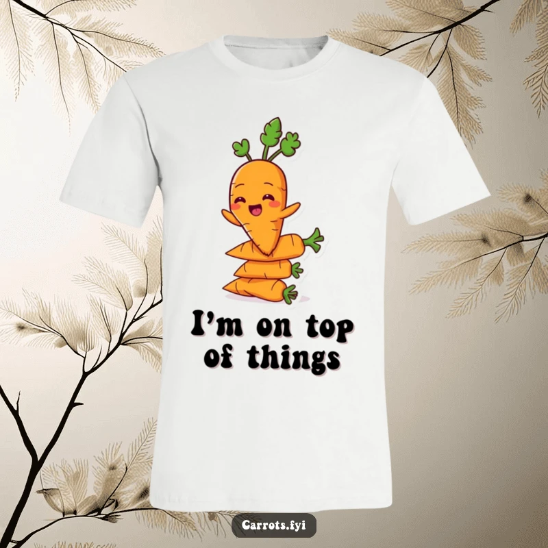 Funny carrot character grinning while balancing on carrots wearing a t-shirt, depicting veggie stability.