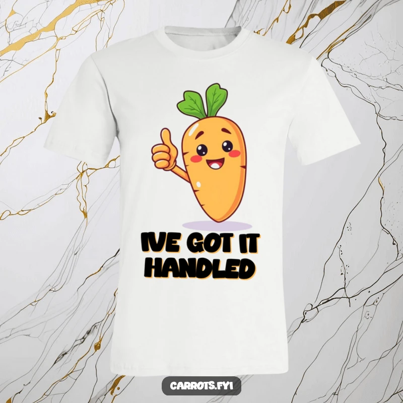 Funny t-shirt featuring a beaming anthropomorphic carrot character giving a proud thumbs up, symbolizing success and good vibes.