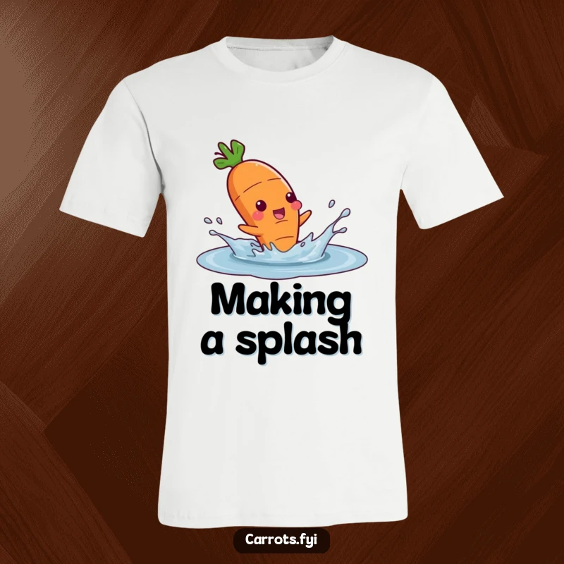 Funny T-shirt depicting a cheerful carrot character enthusiastically splashing in a puddle, showing off its playful spirit.