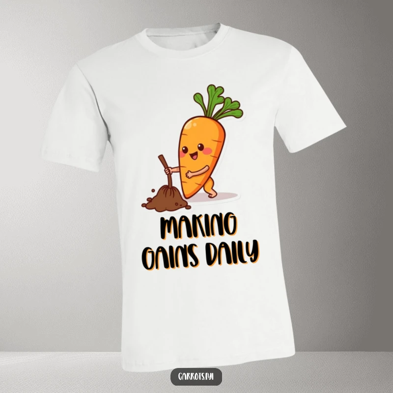 Funny t-shirt featuring an anthropomorphic carrot character making a happy digging motion, symbolizing growth and outdoor fun.
